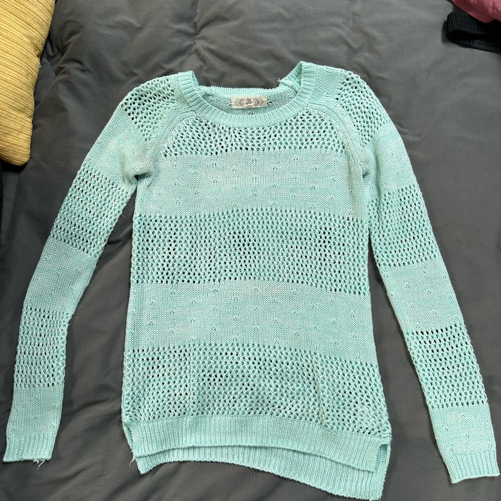 Pink Rose Mint Open-Weave Crewneck Sweater